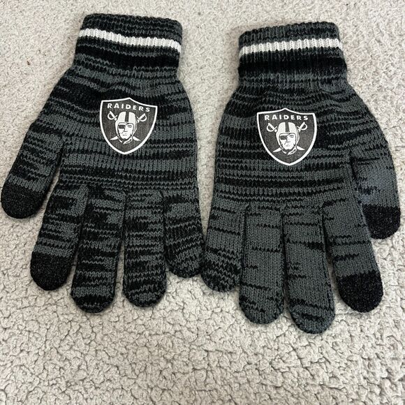 Oakland Las Vegas Raiders Gloves Black White Knit OSFM 8 3/4 Length - Picture 1 of 4